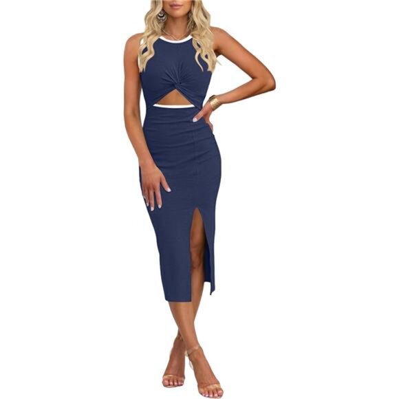 Cutout Bodycon Dress – Sleeveless Ribbed Midi with Side Slit - Picture 1 of 6